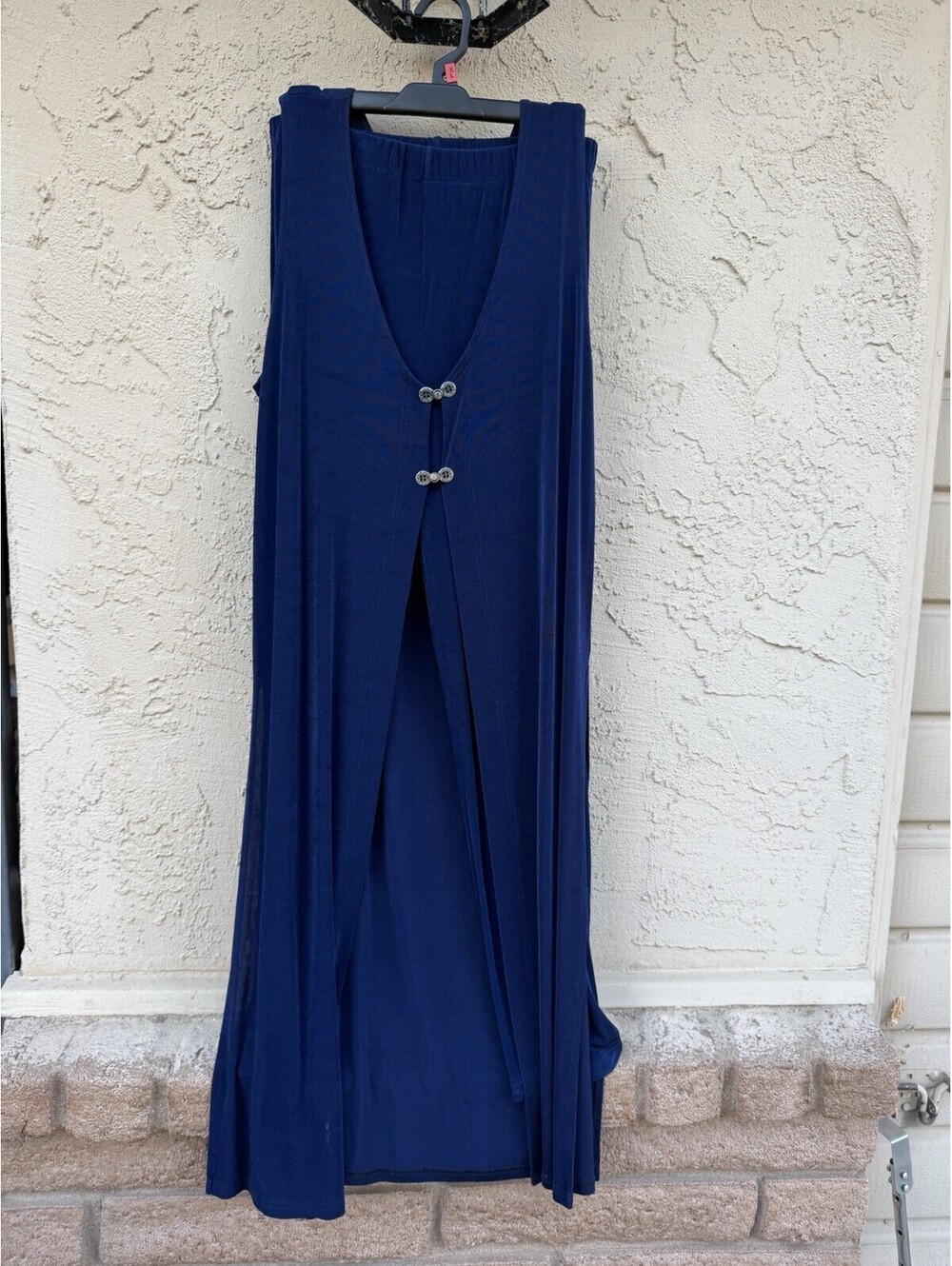 Vintage Navy Blue Sleeveless Vest Dress With Pants Set with Frog Closures 2XL